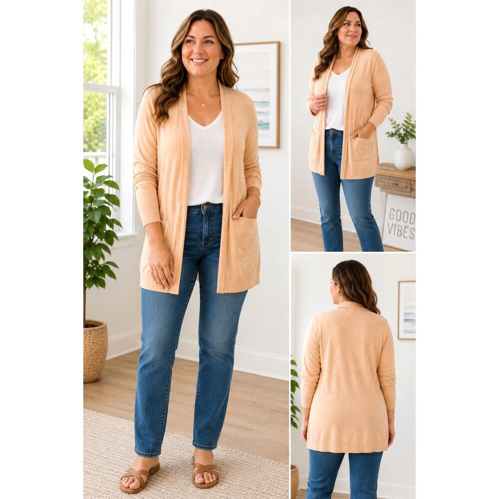 NIC+ZOE Open Front Cardigan Sweater Womens Large Peach Pocket Knit